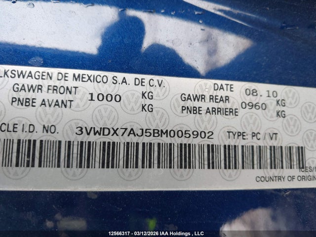 12566317 :رقم المزاد ، 3VWDX7AJ5BM005902 vin ، 2011 Volkswagen Jetta 2.5l Comfortline/2.5l Sportline مزاد بيع
