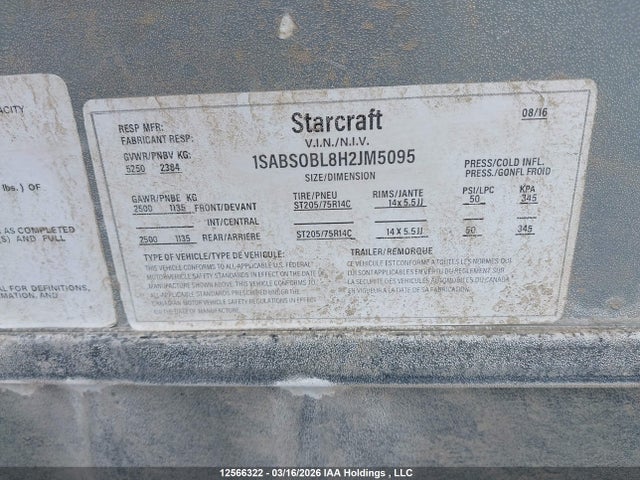 Продажа на аукционе авто 2017 Starcraft Travel Trailer, vin: 1SABS0BL8H2JM5095, номер лота: 12566322