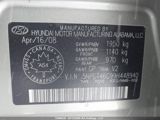 Продаж на аукціоні авто 2009 Hyundai Sonata Gls, vin: 5NPET46C99H448940, номер лоту: 12566335