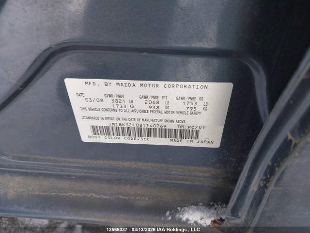 Aukcja sprzedaży 2008 Mazda Mazda3 Gs/gx, vin: JM1BK32F081140769, numer aukcji: 12566337
