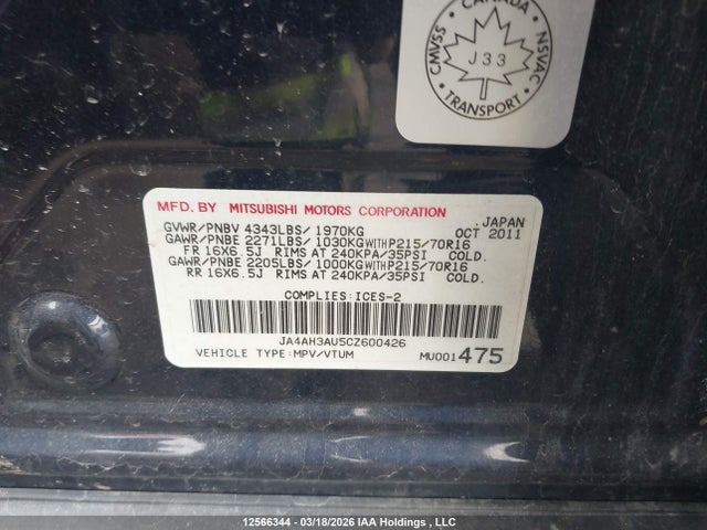 Aukcja sprzedaży 2012 Mitsubishi Rvr Es/se, vin: JA4AH3AU5CZ600426, numer aukcji: 12566344