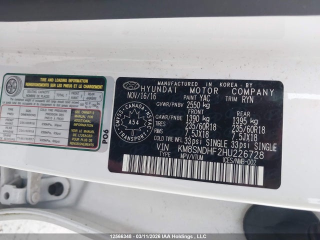 KM8SNDHF2HU226728 Hyundai Santa Fe Se/limited