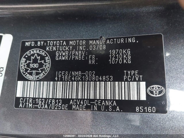 Aukcja sprzedaży 2009 Toyota Camry Se/le/xle, vin: 4T1BE46K19U804853, numer aukcji: 12566351