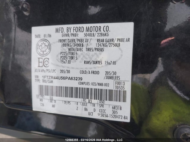 Aukcja sprzedaży 2006 Ford Ranger Sport/stx/xl/xlt, vin: 1FTZR44U56PA63239, numer aukcji: 12566355