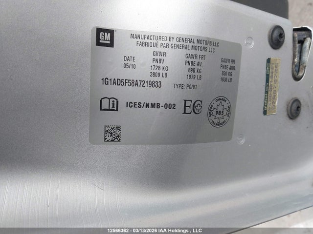 2010 Chevrolet Cobalt 1lt მანქანა იყიდება აუქციონზე, vin: 1G1AD5F58A7219833, აუქციონის ნომერი: 12566362