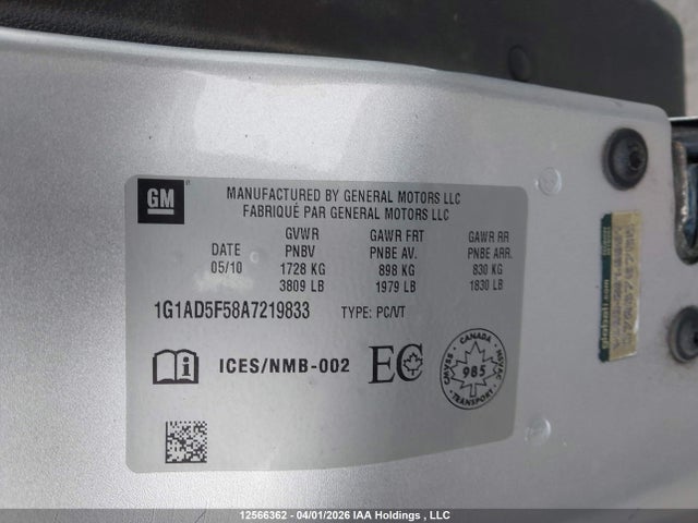 2010 Chevrolet Cobalt 1lt მანქანა იყიდება აუქციონზე, vin: 1G1AD5F58A7219833, აუქციონის ნომერი: 12566362