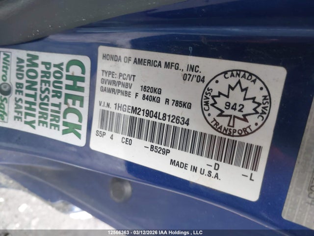 12566363 :رقم المزاد ، 1HGEM21904L812634 vin ، 2004 Honda Civic Ex مزاد بيع