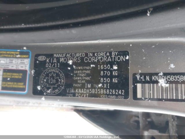 12566368 :رقم المزاد ، KNADH5B35B6826242 vin ، 2011 Kia Rio Lx/sx مزاد بيع