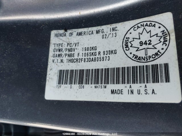 Auction sale of the 2013 Honda Accord Ex-l, vin: 1HGCR2F83DA805973, lot number: 12566380