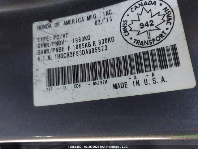Auction sale of the 2013 Honda Accord Ex-l, vin: 1HGCR2F83DA805973, lot number: 12566380