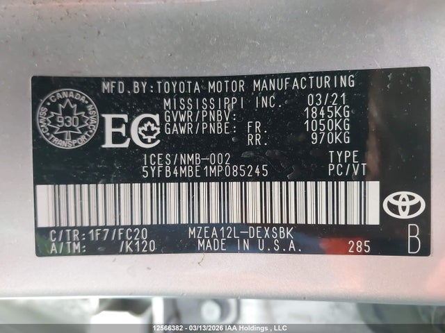Aukcja sprzedaży 2021 Toyota Corolla Se, vin: 5YFB4MBE1MP085245, numer aukcji: 12566382