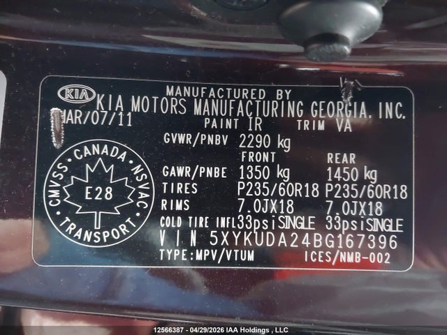 2011 Kia Sorento Ex მანქანა იყიდება აუქციონზე, vin: 5XYKUDA24BG167396, აუქციონის ნომერი: 12566387