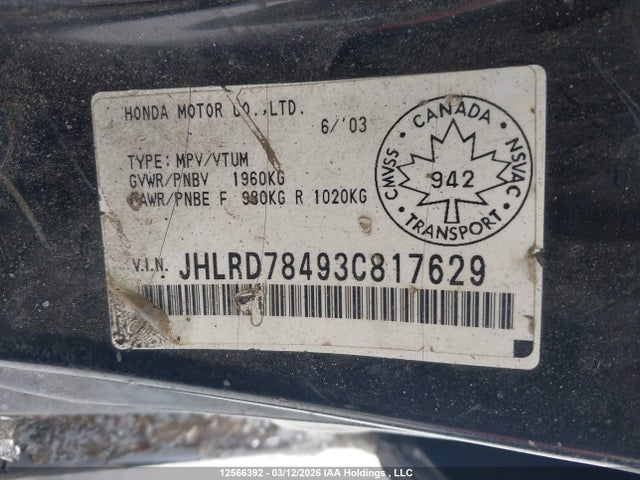 Auction sale of the 2003 Honda Cr-v Lx, vin: JHLRD78493C817629, lot number: 12566392