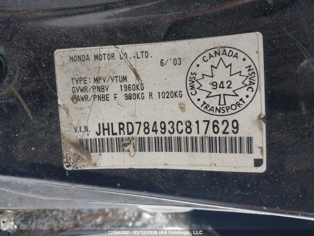Auction sale of the 2003 Honda Cr-v Lx, vin: JHLRD78493C817629, lot number: 12566392