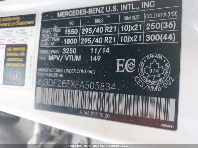 4JGDF2EEXFA505834 Mercedes-Benz Gl 350 Bluetec