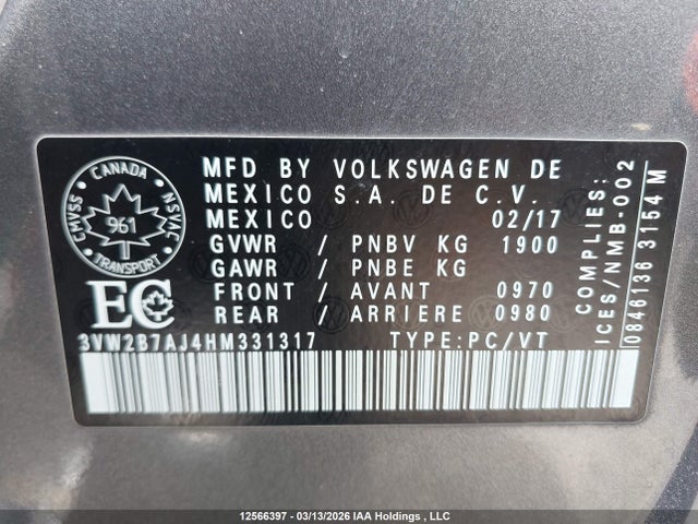 12566397 :رقم المزاد ، 3VW2B7AJ4HM331317 vin ، 2017 Volkswagen Jetta مزاد بيع