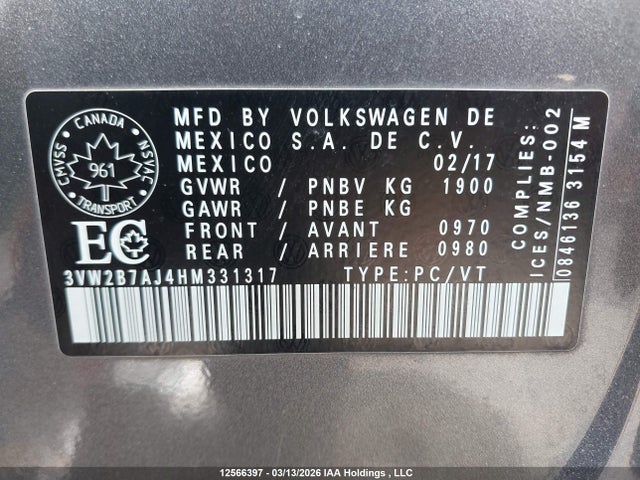 12566397 :رقم المزاد ، 3VW2B7AJ4HM331317 vin ، 2017 Volkswagen Jetta مزاد بيع
