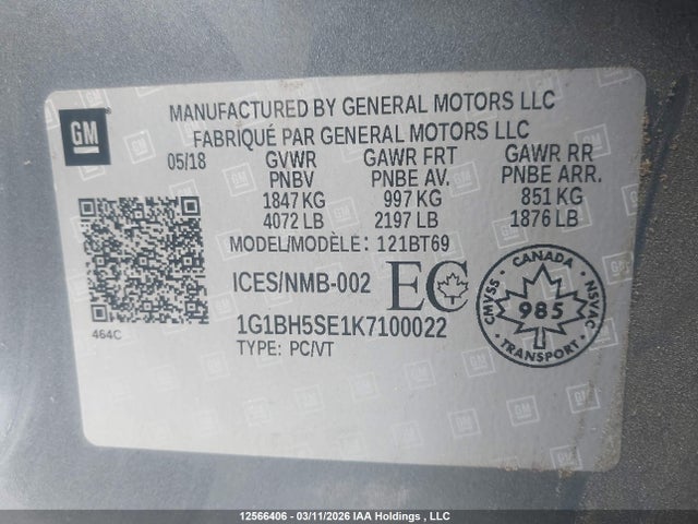 1G1BH5SE1K7100022 Chevrolet Cruze