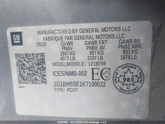 1G1BH5SE1K7100022 Chevrolet Cruze