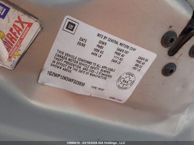 Продажа на аукционе авто 1998 Pontiac Grand Prix Gt, vin: 1G2WP12K5WF323836, номер лота: 12566416