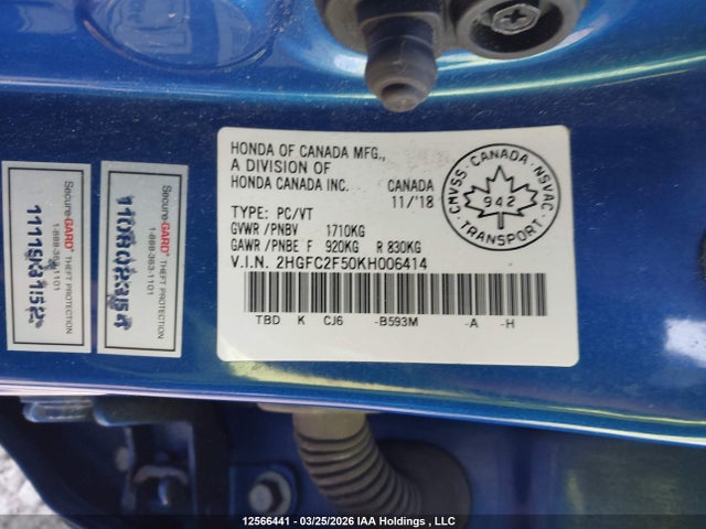 Продаж на аукціоні авто 2019 Honda Civic Lx, vin: 2HGFC2F50KH006414, номер лоту: 12566441