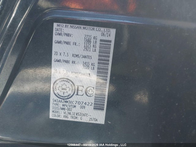 Продажа на аукционе авто 2014 Nissan Pathfinder Platinum/s/sl/sv, vin: 5N1AR2MM3EC707422, номер лота: 12566447