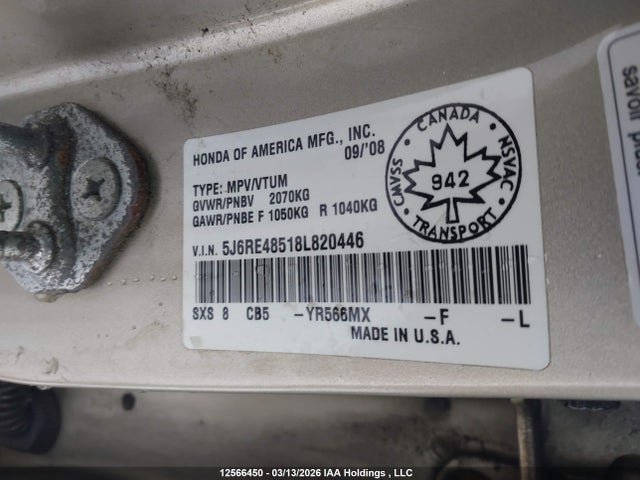 12566450 :رقم المزاد ، 5J6RE48518L820446 vin ، 2008 Honda Cr-v Ex مزاد بيع