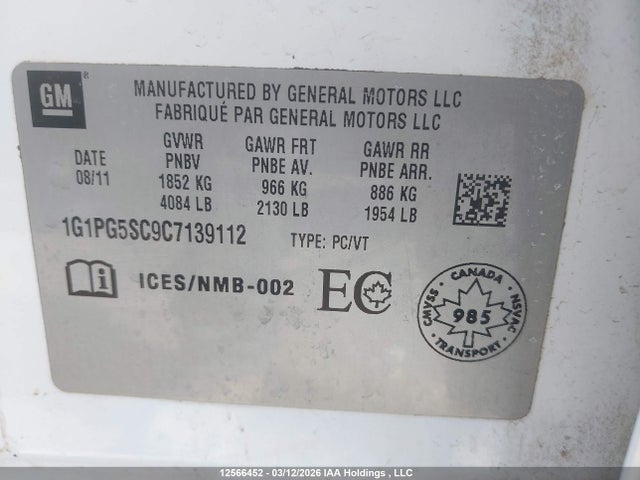 2012 Chevrolet Cruze Lt მანქანა იყიდება აუქციონზე, vin: 1G1PG5SC9C7139112, აუქციონის ნომერი: 12566452