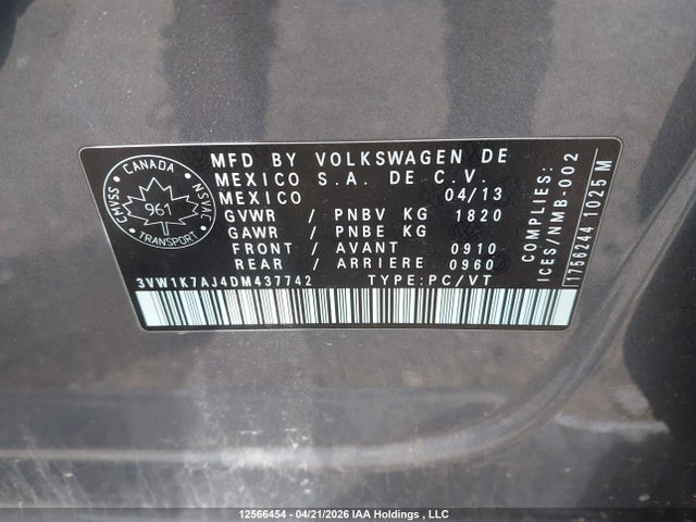 Aukcja sprzedaży 2013 Volkswagen Jetta, vin: 3VW1K7AJ4DM437742, numer aukcji: 12566454
