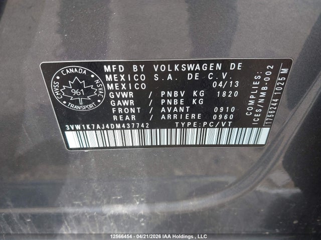Aukcja sprzedaży 2013 Volkswagen Jetta, vin: 3VW1K7AJ4DM437742, numer aukcji: 12566454