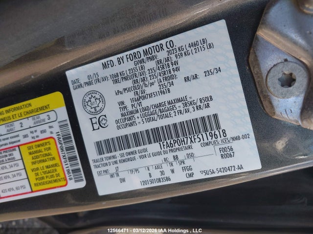 Aukcja sprzedaży 2015 Ford Fusion Se, vin: 1FA6P0H7XF5119618, numer aukcji: 12566471