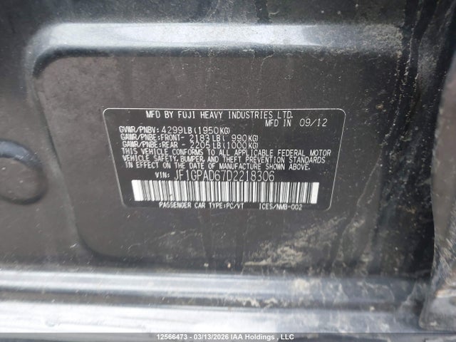 Aukcja sprzedaży 2013 Subaru Impreza Premium, vin: JF1GPAD67D2218306, numer aukcji: 12566473