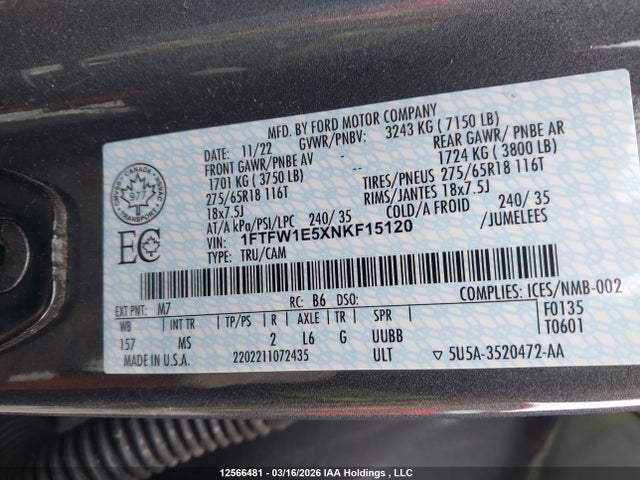 1FTFW1E5XNKF15120 Ford F-150 Xlt