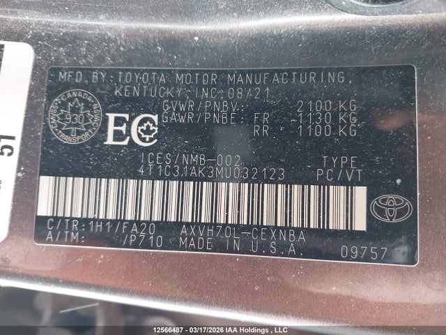 12566487 :رقم المزاد ، 4T1C31AK3MU032123 vin ، 2021 Toyota Camry Le مزاد بيع