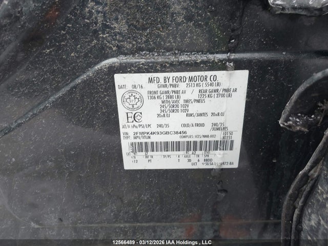 12566489 :رقم المزاد ، 2FMPK4K93GBC38456 vin ، 2016 Ford Edge Titanium مزاد بيع