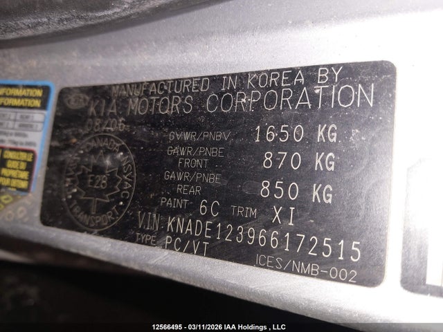 12566495 :رقم المزاد ، KNADE123966172515 vin ، 2006 Kia Rio مزاد بيع