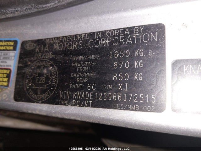12566495 :رقم المزاد ، KNADE123966172515 vin ، 2006 Kia Rio مزاد بيع