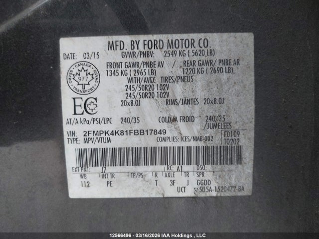 12566496 :رقم المزاد ، 2FMPK4K81FBB17849 vin ، 2015 Ford Edge Titanium مزاد بيع
