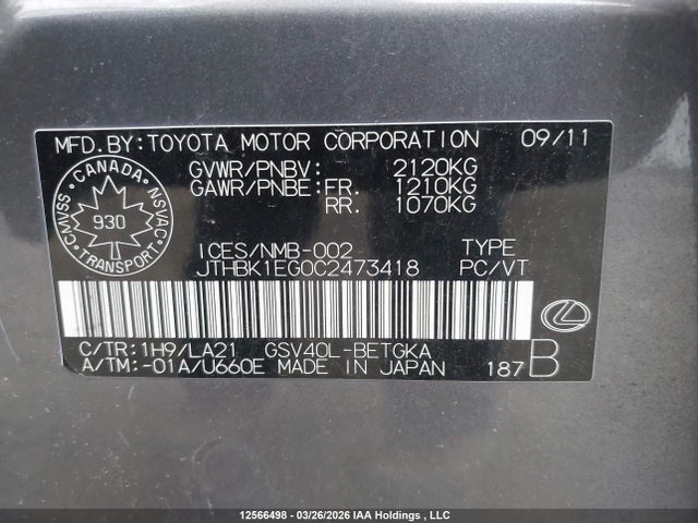 12566498 :رقم المزاد ، JTHBK1EG0C2473418 vin ، 2012 Lexus Es 350 350 مزاد بيع
