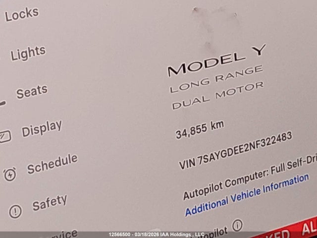 Aukcja sprzedaży 2022 Tesla Model Y Long Range, vin: 7SAYGDEE2NF322483, numer aukcji: 12566500