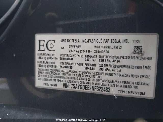 Aukcja sprzedaży 2022 Tesla Model Y Long Range, vin: 7SAYGDEE2NF322483, numer aukcji: 12566500