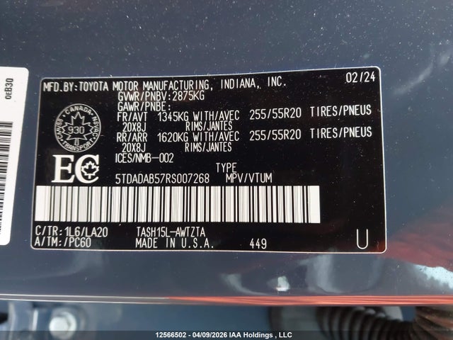 5TDADAB57RS007268 Toyota Grand Highlander Hybrid Platinum