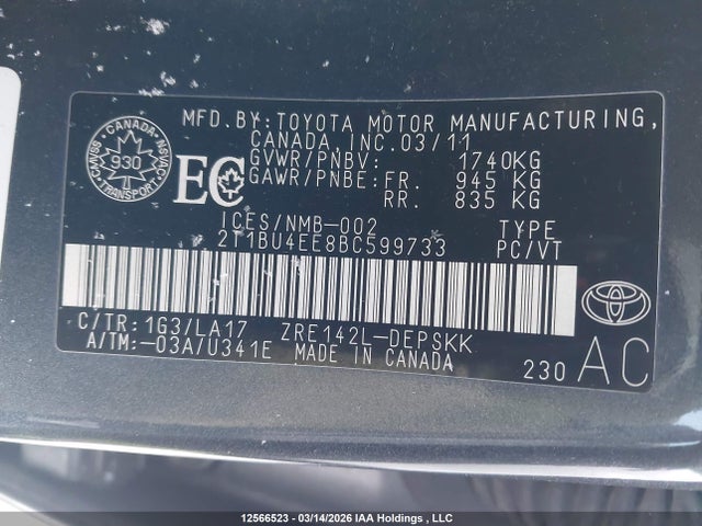 12566523 :رقم المزاد ، 2T1BU4EE8BC599733 vin ، 2011 Toyota Corolla مزاد بيع