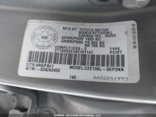 12566528 :رقم المزاد ، 2T1BR32E34C781147 vin ، 2004 Toyota Corolla Ce/le/sport مزاد بيع