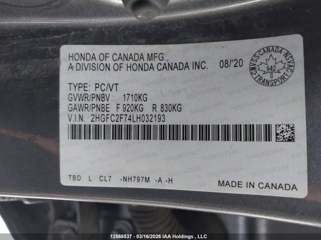 Aukcja sprzedaży 2020 Honda Civic, vin: 2HGFC2F74LH032193, numer aukcji: 12566537
