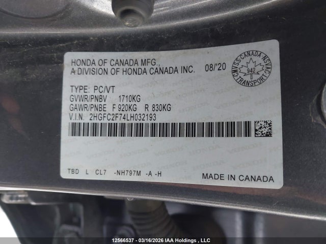 Aukcja sprzedaży 2020 Honda Civic, vin: 2HGFC2F74LH032193, numer aukcji: 12566537