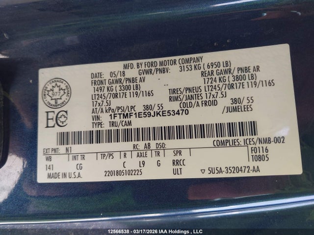 12566538 :رقم المزاد ، 1FTMF1E59JKE53470 vin ، 2018 Ford F-150 مزاد بيع