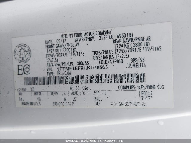 12566543 :رقم المزاد ، 1FTMF1EF9HKD78563 vin ، 2017 Ford F150 مزاد بيع