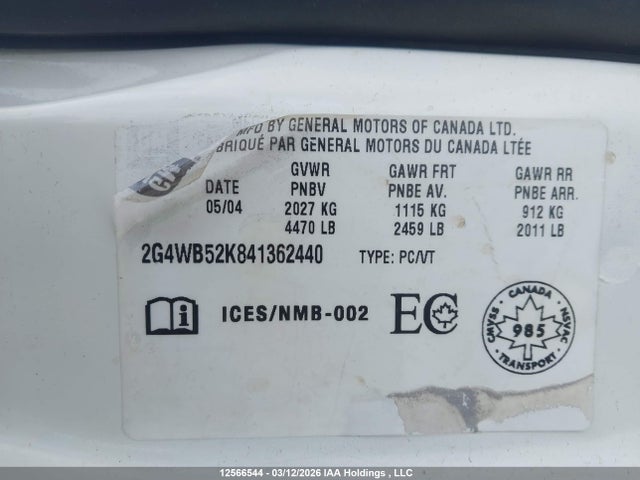 Продажа на аукционе авто 2004 Buick Regal Ls, vin: 2G4WB52K841362440, номер лота: 12566544