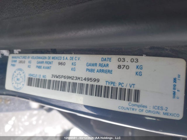 12566551 :رقم المزاد ، 3VWSP69M23M149599 vin ، 2003 Volkswagen Jetta Gls Tdi مزاد بيع